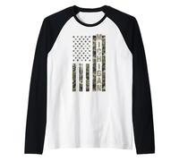 Michigan United States Distressed Camo w US Flag Maglia con Maniche Raglan