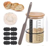 MICHIHOMIE Sourdough Starter Set da 900 ml con coperchio in legno, elastico, carta termometro, 8 etichette, penna, spatola in silicone, cappello di stoffa, contenitore per lievitazione del pane,