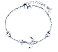 MicLee Bracciale da donna Bracciale con zircone e due cuori d'amore Bracciale con combinazione di ancore S925 Bracciale in argento Sterling Colori multipli
