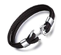 MicLee Bracciale da uomo fatto a mano, con ancora, in vera pelle, con incisione in acciaio inox, con scatola regalo