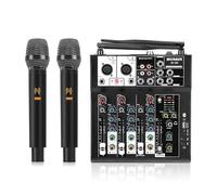 MICNAUX Mixer audio a 4 canali, mixer karaoke con doppio microfono wireless, scheda audio professionale, console di mixaggio DJ, MP3, Bluetooth 48 V, interfaccia USB Phantom Power per PC, studio