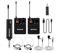 MICNAUX Sistema di microfoni wireless da bavero con cuffie e microfoni lavalier, doppio trasmettitore bodypack, mini ricevitore ricaricabile, 48 canali in banda UHF da 500 MHz, portata di 79,2 m per