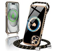 Micoden Cover Magnétique pour iPhone 15 avec Collier Réglable Cover en Silicone Galvanisé avec Motif Coeur d'amour Mignon Étui Housse avec Cordon Tour de Cou Lanière Corde pour iPhone 15,Noir