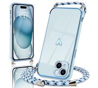 Micoden Cover pour iPhone 15 avec Collier Réglable Cover iPhone 15 Silicone avec Motif Coeur d'amour Mignon Etui Housse Antichoc avec Cordon Tour de Cou Lanière en Corde pour iPhone 15 (Bleu)