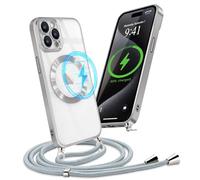 Micoden Custodia magnetica per iPhone 15 Pro con collana regolabile Custodia in silicone trasparente con ricarica wireless con cavo per iPhone 15 Pro, argento