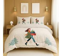 Microfibra con Stampa Beige Copripiumino Illustrazione Regalo Albero Di Natale Ragazza Completa Singola Doppia per camera da letto e soggiorno Duvet Cover 260x240cm(102" x 95")