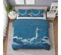 Microfibra Morbida Set Copripiumino Blu, Copripiumino Piazza E Mezza 200 X 200 cm Paesaggio Faro Oceano Scena, Biancheria da Letto confortevole, Leggera e Traspirante, per il riposo quotidiano