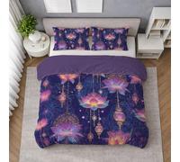 Microfibra Morbida Set Copripiumino Viola, Copripiumino Piazza E Mezza 200 X 200 cm Floreale Loto Neon Lanterna, Biancheria da Letto confortevole, Leggera e Traspirante, per il riposo quotidiano