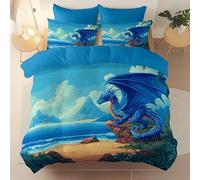 Microfibra spazzolata Copripiumino stampato 220 x 260 cm, Super morbido e traspirante Fantasy Draghi Spiagge Isole tema Copripiumini con cerniera Adatto ad adulti e bambini Blu con 2 federe