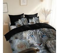microfibra spazzolato Set di biancheria da letto Stile Fotografico Snow Leopard, 220 x 240 cm, Set Copripiumino con stampa a 3 pezzi, Nero, con chiusura lampo, Anallergico