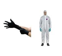 Microflex 93-732 Guanti Monouso in Nitrile, Nero, Taglia M (100 Guanti) + AlphaTec 1500 Tuta Integrale con Cappuccio, Protezione Tipo 5/6 Bianca Taglia L (1 Unità)