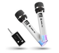 Microfoni wireless, microfono con connessione chip one-to-one e luci LED, durata 40 ore, portata di ricezione 200 piedi, controllo del volume, microfono karaoke per canto, YouTube/TikTok (Bianco1)