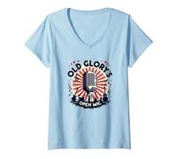 Microfono Aperto di Old Glory Maglietta con Collo a V, Donna, Celeste, L