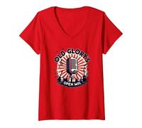 Microfono Aperto di Old Glory Maglietta con Collo a V, Donna, Rosso, L