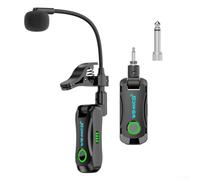 Microfono digitale wireless per sassofono: trasmissione 2,4 GHz, portata 40 m, latenza 12 ms, audio 48 K/16 bit, 98 dB SNR, compatibile con sax e tromba