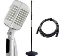 Pronomic DM-66S Microfono dinamico vocale Set - Vintage microfonico vocale retrò - Set economico con asta microfonica e cavo XLR - Argento/bianco