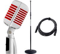 Pronomic DM-66R Microfono dinamico vocale Set - Vintage microfonico vocale retrò - Set economico con asta microfonica e cavo XLR - Argento/rosso