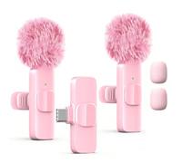 Microfono lavalier senza fili rosa, mini portatile a doppia frequenza 2.4GHz, plug and play, con cancellazione automatica del rumore e batteria ricaricabile da 60mAh, adatto per registrazione video, l