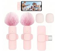 Microfono lavalier senza fili rosa, mini portatile a doppia frequenza 2.4GHz, plug and play, con cancellazione automatica del rumore e batteria ricaricabile da 40mAh, adatto per registrazione video, l