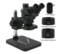 Microscopio stereo trinoculare simul-focale con zoom 7-50X + supporto base per obiettivo Barlow 0,5X 0,7X per riparazione telefono saldatura PCB 7-50X A Set