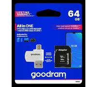 GoodRam M1A4 Lettore di schede OTG tutto in uno USB 2.0/Micro USB + MicroSDXC 64GB UHS-I Classe 10 + Adattatore SD