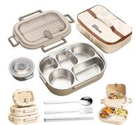 Microwaveable Stainless Steel Insulated Bento Box for Kids/Adults, Large Capacity Partition, with Soup Bowl Spoon and Fork, Leak proof, Microwavable, Dishwasher Safe (5 Compartments+ bag,1500ML)