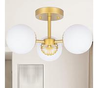 Mid Century Brass Semi Flush Mount Frosted Glass Gold Chandelier, Globe Hanging Ceiling Light Fixture for Bedroom Living Nursery Room Foyer