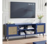 Mid Century Modern Entertainment Center, supporto TV blu per TV fino a 75 pollici, mobili Boho TV con armadio e mensole, console TV media center con porte in rete metallica dorata per soggiorno