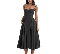 midelxp Abito da donna a corsetto elegante con spalline sottili, bustino midi con orlo plissettato, taglio basso, abito da ballo con tasche, L003-nero, M