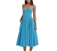 midelxp Abito da donna a corsetto elegante con spalline sottili, bustino midi con orlo plissettato, taglio basso, abito da ballo con tasche, L004-blu, L