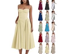 midelxp Abito da donna a corsetto elegante con spalline sottili, bustino midi con orlo plissettato, taglio basso, abito da ballo con tasche, L001-giallo, M