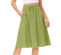 Midi, gonna da donna, estiva, leggera, per il tempo libero, da donna, elasticizzata, boho, a vita alta, casual, con coulisse, linea A, gonna lunga, elegante, corta, sotto la gonna, verde, S