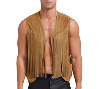 Midiskye Gilet da uomo in finta pelle scamosciata senza maniche con nappe frange anni '70 hippie in ecopelle cardigan aperto davanti giacca bolero carnevale costumi da discoteca, Marrone., S