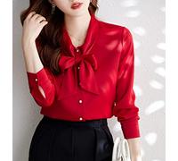 MIDJ Camicie da Donna,Camicia Elegante da Donna con Papillon Collo Solido Camicia Rossa Tunica in Raso Camicia A Maniche Lunghe in Chiffon Camicetta Camicetta Casual da Ufficio per Ragazze Signore,L