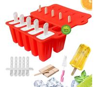 Midnadiy Moldes de hielo con palo, moldes de silicona con 10 cavidades fáciles de aflojar, molde con mango de borde para facilitar el agarre, moldes de silicona sin BPA (rojo)