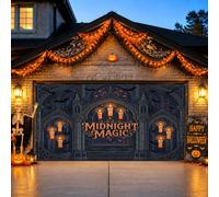 Midnight Magic Gothic Castle - Copertura per porta del garage, 390 x 180 cm | Architettura del castello gotico, bandiera della porta del garage, candele luminose, pipistrelli volanti, atmosfera spettrale