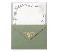 Midori 86507006 - Set di lettere con buste stampate in alluminio, motivo a foglie