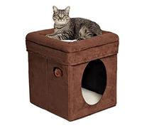 MidWest Homes for Pets Feline Nuvo Curious Cat Cube, nascondiglio pieghevole con giocattolo, letto rinforzato, finta pelle scamosciata marrone, pelle di pecora sintetica