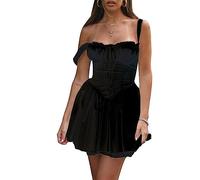 MIEAHORY, Mini abito a trapezio da donna, elasticizzato, svasato, con corsetto in stile canotta senza maniche, con scollo quadrato e finiture in pizzo, Nero , M