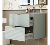 Mielvu 61 x 46 x 57 cm, lavabo sospeso a parete, MDF completamente laccato, due cassetti silenziosi, frontali dei cassetti strutturati orizzontalmente e verticalmente, lavabo integrato, verde menta