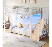 Mielvu Letto a soppalco, 90 x 200 cm, telaio in ferro, con barra luminosa a LED, strutture per scale con vano portaoggetti, spazio libero per vestirsi, senza materasso, bianco