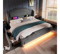 Mielvu Letto imbottito, letto matrimoniale con 4 cassetti, illuminazione a LED e porta di ricarica USB-C, letto per bambini e ragazzi con rete a doghe, velluto, senza materasso (grigio, 160 × 200)