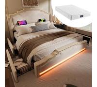 Mielvu Letto imbottito, letto matrimoniale con 4 cassetti, illuminazione a LED e porta di ricarica USB-C, letto per bambini e ragazzi con rete a doghe, velluto, con materasso (beige, 140 × 200)
