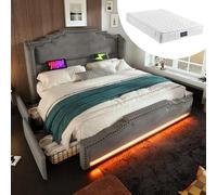 Mielvu Letto imbottito, letto matrimoniale con 4 cassetti, illuminazione a LED e porta di ricarica USB-C, letto per bambini e ragazzi con rete a doghe, velluto, con materasso (grigio, 140 × 200)