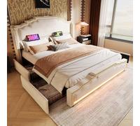 Mielvu Letto imbottito, letto matrimoniale con 4 cassetti, illuminazione a LED e porta di ricarica USB-C, letto per bambini e ragazzi con rete a doghe, velluto, senza materasso (beige, 140 × 200)