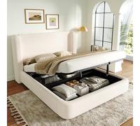 Mielvu Letto imbottito, letto matrimoniale funzionale idraulico, letto con rete a doghe, testiera e grande capienza, testiera imbottita, beige bouclé, 180 x 200 cm