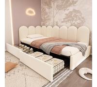 Mielvu Letto imbottito singolo con cassetti, in velluto, per il giorno, con rete a doghe, per ragazzi e adulti (senza materasso) (beige, 90 x 200 cm)