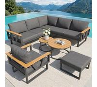 Mielvu Set di sedie modulari per esterni con piedini regolabili, base in metallo resistente, cuscini spessi 9 cm e set da 2 tavoli in legno, combinazione libera per terrazze, balcone, zona piscina