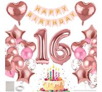 MIEWAA Palloncini 16 Anni Compleanno Ragazza, Decorazioni Compleanno 16 Rosa Addobbi con Striscione Happy Birthday, Palloncino Foglio Numero 16 Grande, Cuore e Stella, Palloncini Latex e Coriandoli