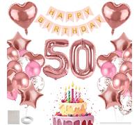 MIEWAA Palloncini 50 Anni Compleanno Donna, Decorazioni Compleanno 50 Rosa Addobbi con Striscione Happy Birthday, Palloncino Foglio Numero 50 Grande, Cuore e Stella, Palloncini Latex e Coriandoli